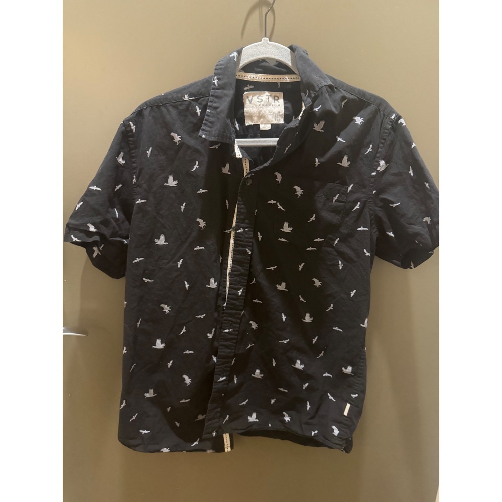 VSTR Premium Mens Black Bird Print Short Sleeve Button Down Shirt Size M